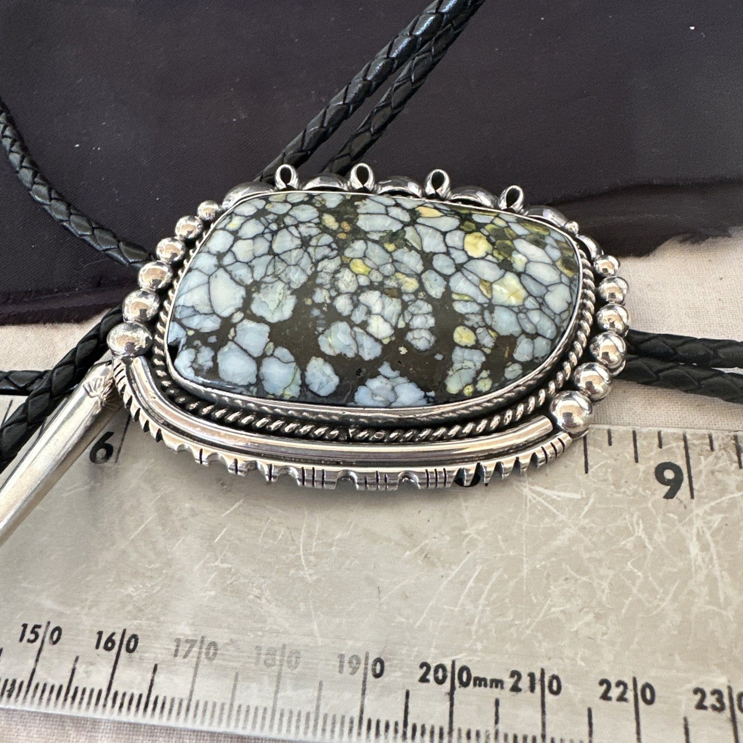 Mens BOLO TIE WHITE BUFFALO TURQUOISE Sterling Silver Navajo 2.7”19595