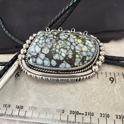 Mens BOLO TIE WHITE BUFFALO TURQUOISE Sterling Silver Navajo 2.7”19595