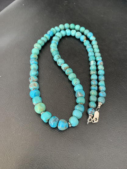Mens Blue Turquoise Bead Navajo Sterling Silver Necklace 28” 10622