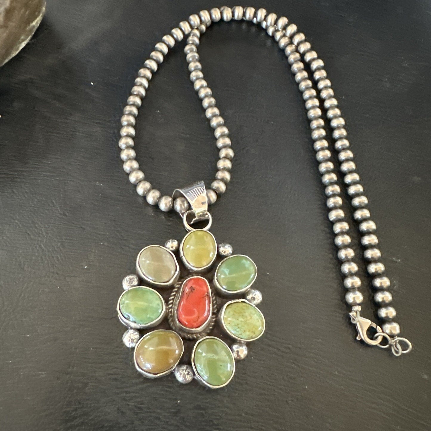 Navajo Sterling Cluster Red Turquoise Pendant Necklace 17712