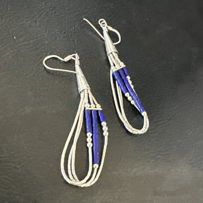 Blue Lapis 3S Heishi Liquid Sterling Silver Dangle Earrings 18099
