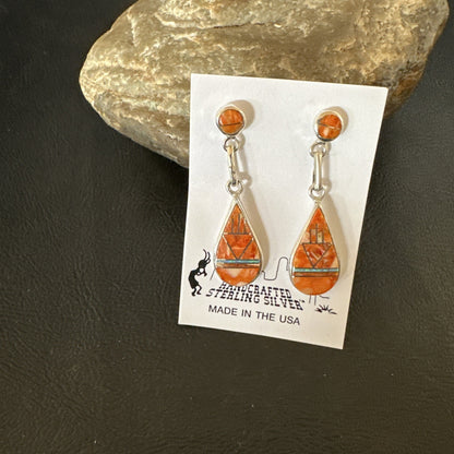Womens Opal Spiny Oyster Inlay Navajo Sterling Silver Dangle Earrings 19135