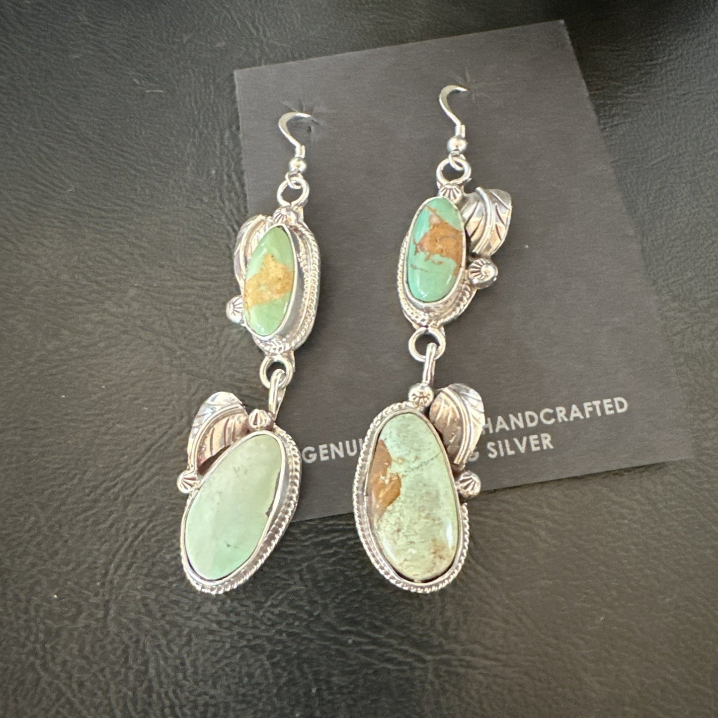 Green Royston Turquoise Navajo Sterling Silver Dangle Earrings 19603