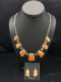 Orange Spiny Oyster Navajo Necklace Earring Set | Sterling Silver | Authentic Native American Handmade | 02691