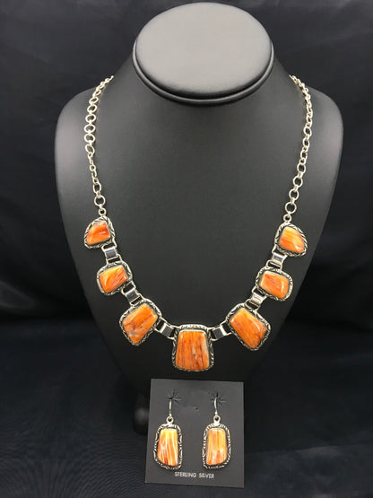 Orange Spiny Oyster Navajo Sterling Silver Necklace & Earring Set 02691