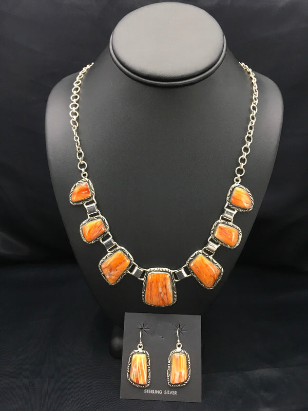 Orange Spiny Oyster Navajo Necklace Earring Set | Sterling Silver | Authentic Native American Handmade | 02691