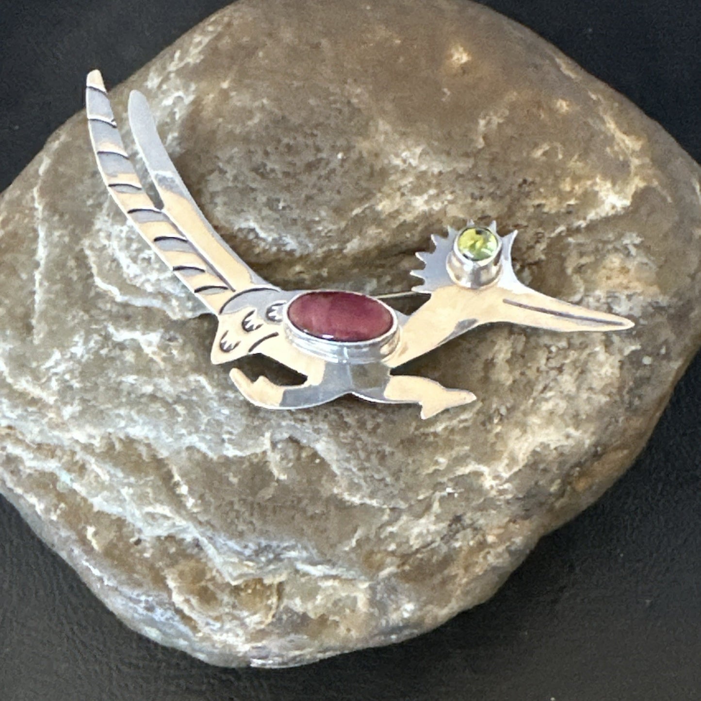 Road Runner Spiny Peridot Navajo Sterling Silver Stamped Pin Brooch 3” 19089