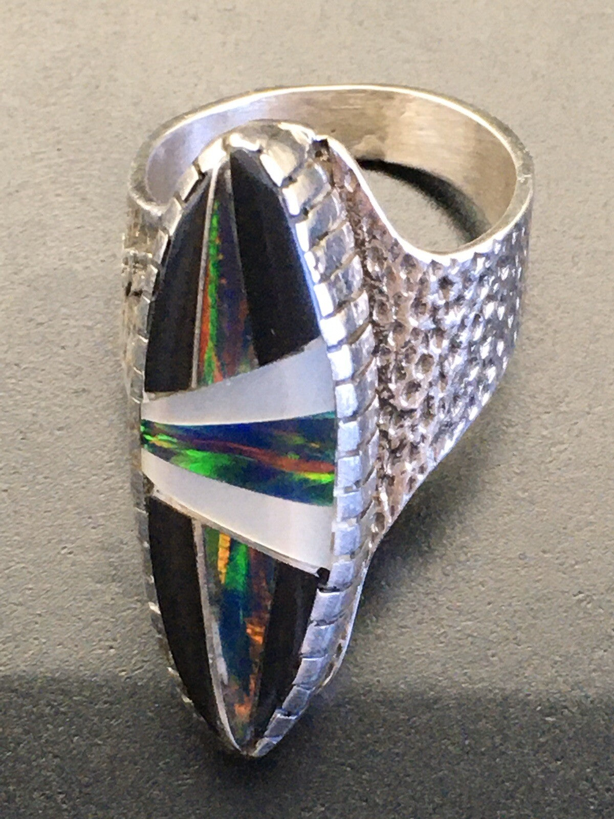 Mens Navajo Multicolor Opal Turquoise Inlay Sterling Silver Ring Size 8 01587N