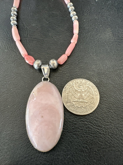 Southwestern Sterling Silver Pink Coral Bead Necklace Quartz Pendant 24" 19586