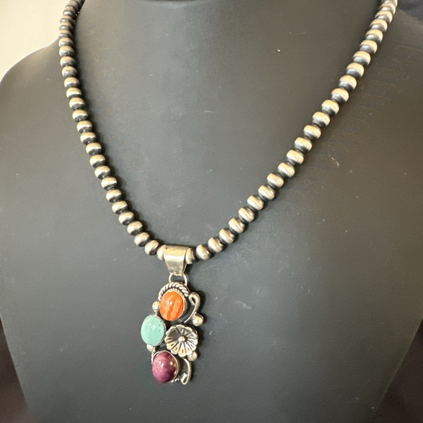 Multicolor Turquoise Spiny Navajo Sterling Silver Cluster Pendant Necklace 19311
