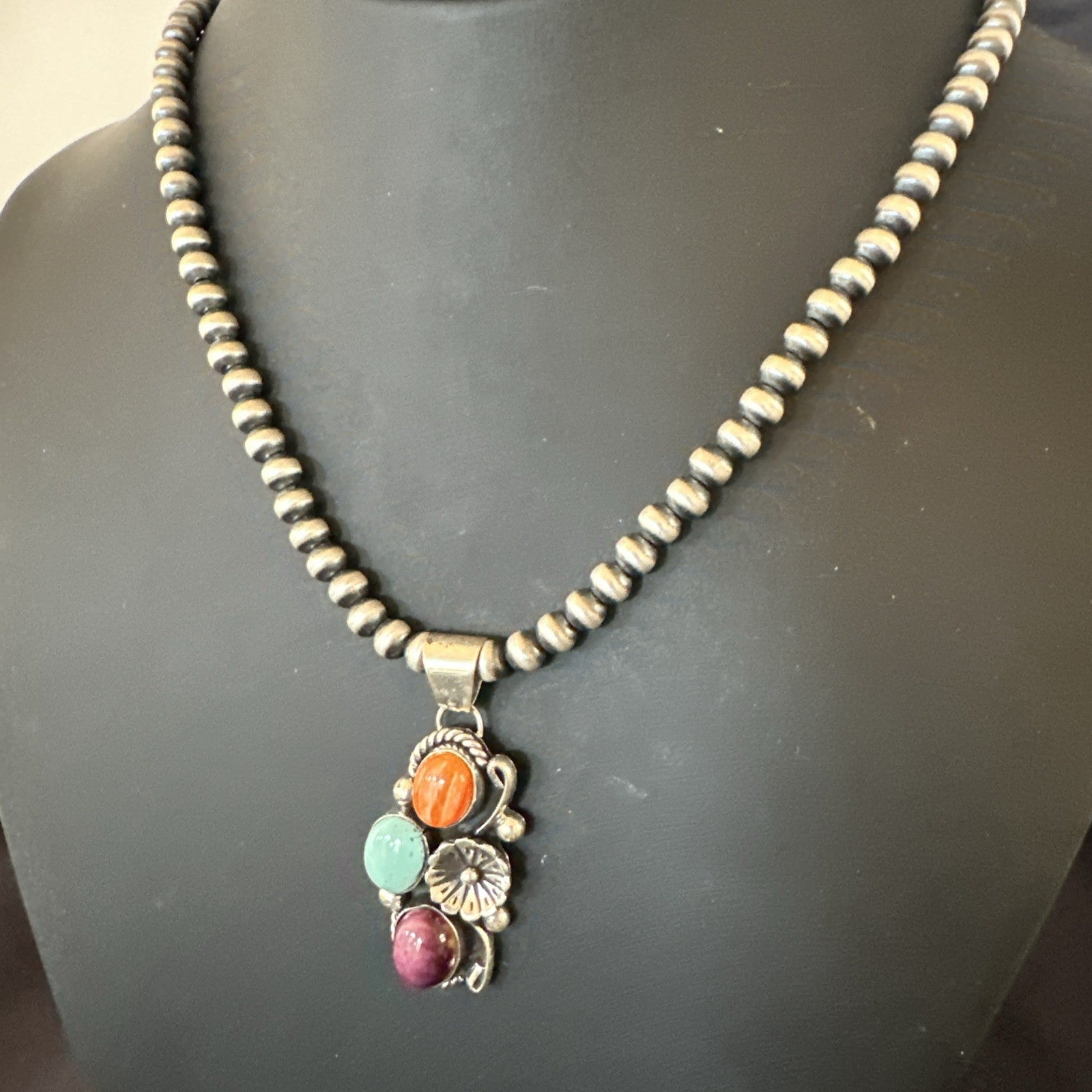 Multicolor Turquoise Spiny Navajo Sterling Silver Cluster Pendant Necklace 19311