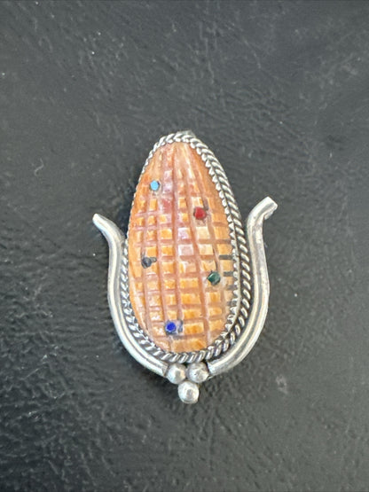 CORN INLAY Orange Spiny Turquoise Coral Zuni Sterling Silver Pin Pendant 17851
