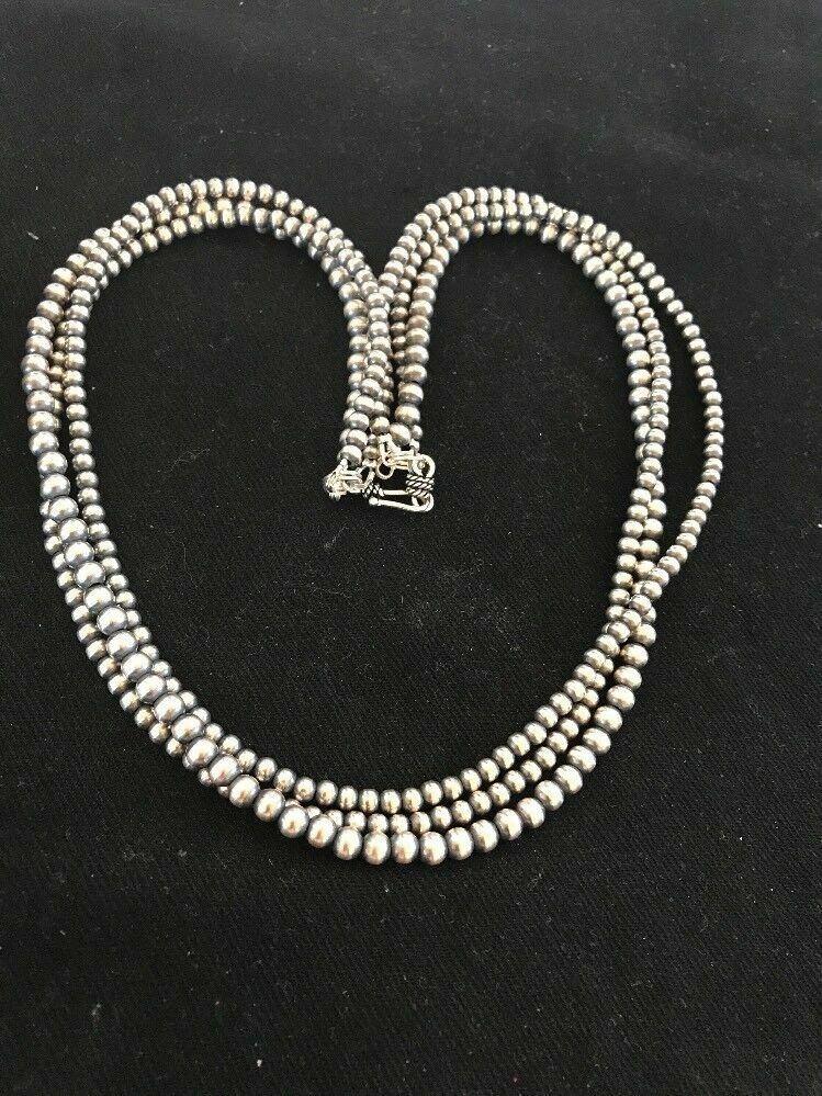 Native American 4, 5, 6 mm Sterling Silver Beads 3 Strand 36” Necklace