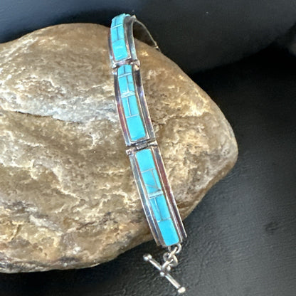 Opal Blue Turquoise Navajo Old Pawn Sterling Silver Inlay Bracelet 7.5" 18126