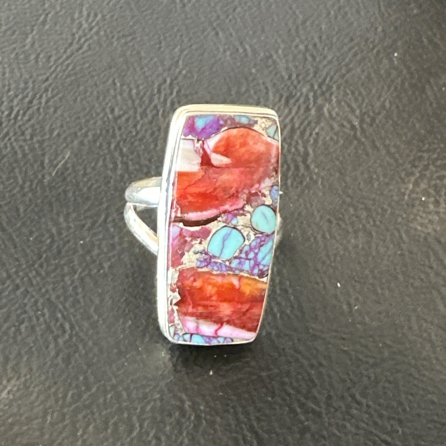 Blue Turquoise Spiny Oyster Southwestern Sterling Silver Ring Size 7 18491