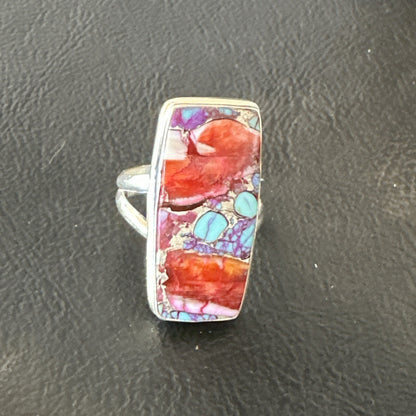 Blue Turquoise Spiny Oyster Southwestern Sterling Silver Ring Size 7 18491