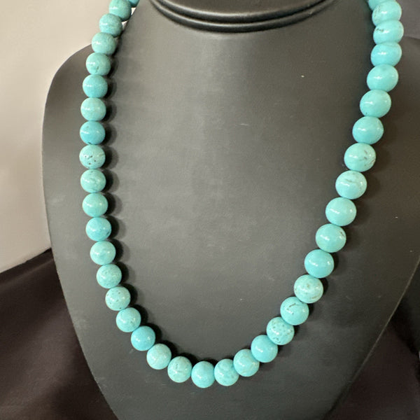 Blue Turquoise 10mm Round Bead Southwestern Necklace 18" | Sterling Silver | Authentic Native American Handmade | 19402