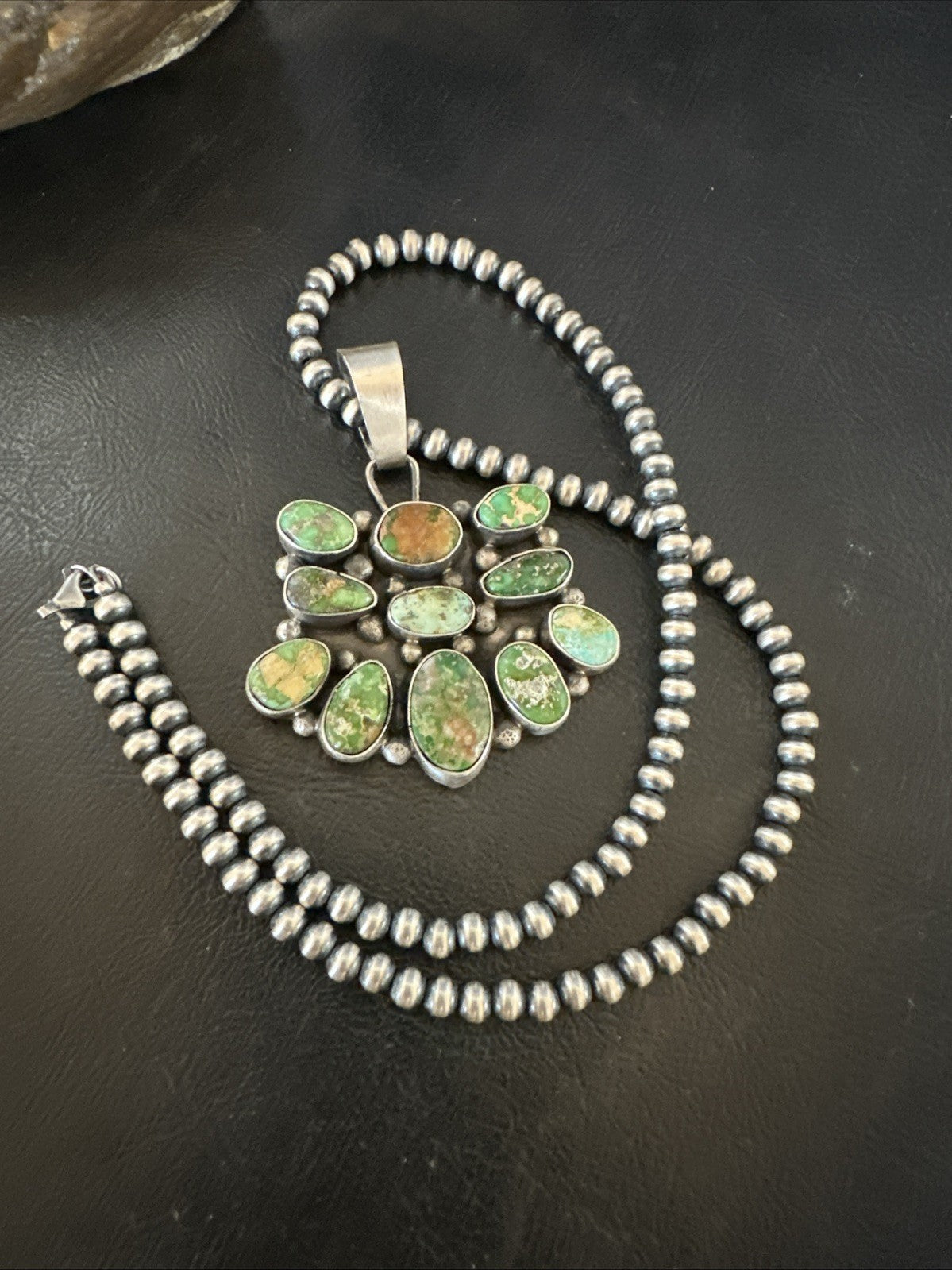 Green Sonoran Gold Turquoise Navajo Sterling Silver Cluster Pendant 19300