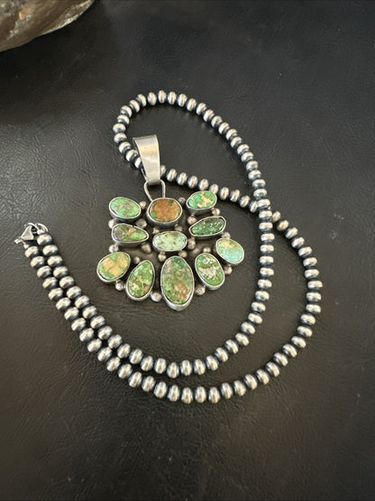 Green Sonoran Gold Turquoise Navajo Sterling Silver Cluster Pendant 19300