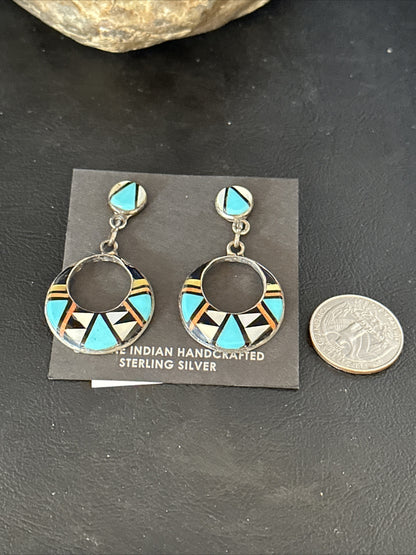 Coral Turquoise Onyx Abalone Zuni Sterling Silver Inlay Earrings 14768