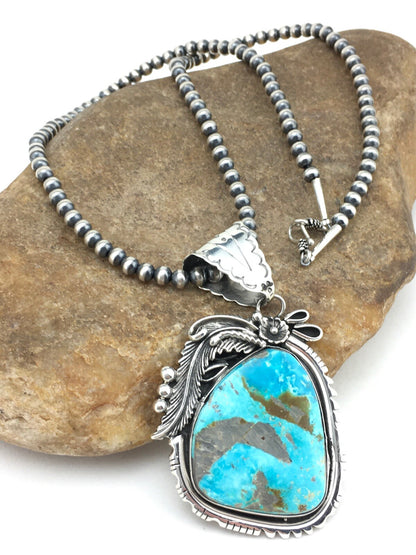Kingman Turquoise Pendant Navajo Pearls Sterling Silver Necklace 04819