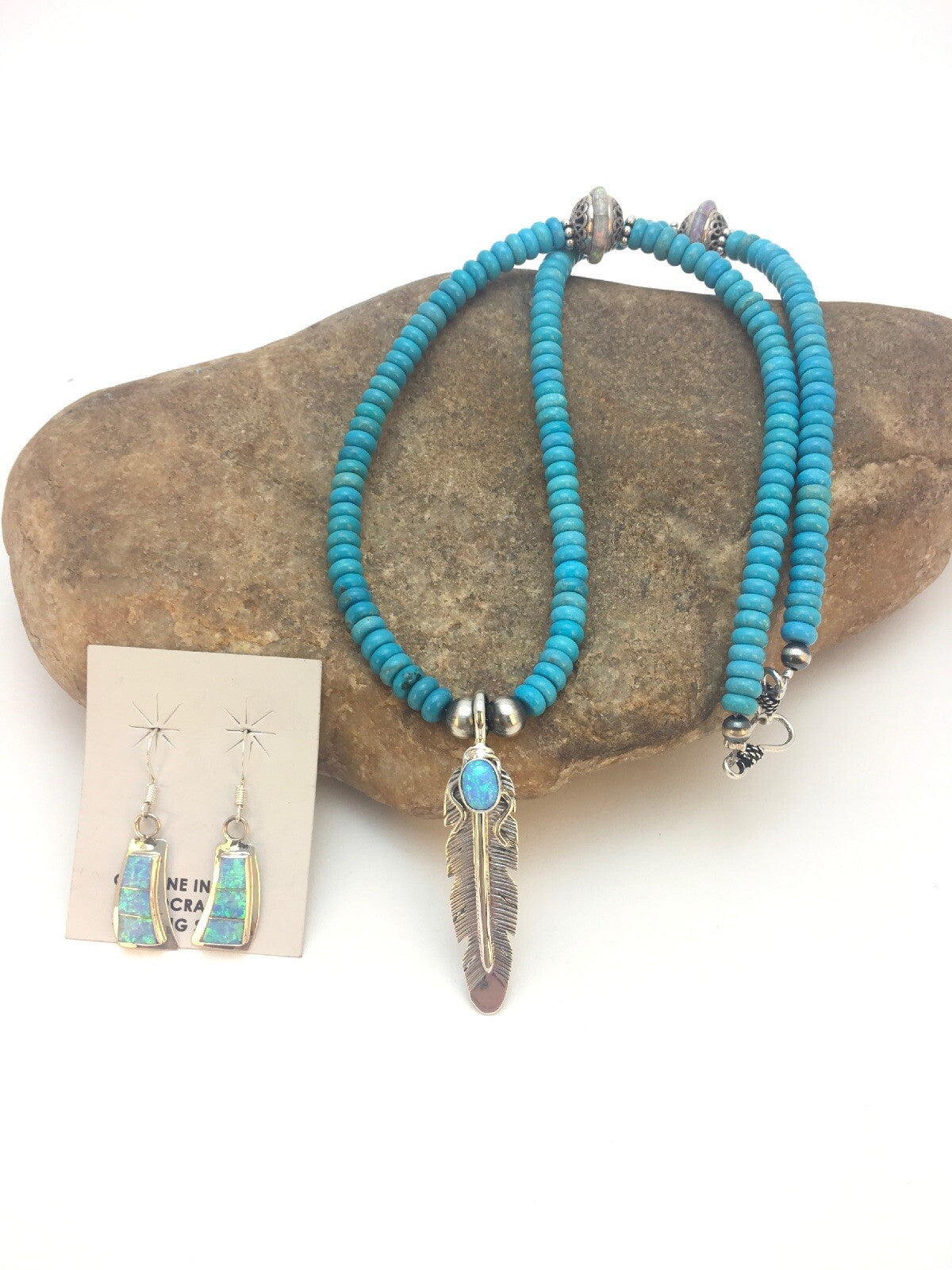 Native Opal & Turquoise Pendant Sterling Silver Necklace & Earrings 08905
