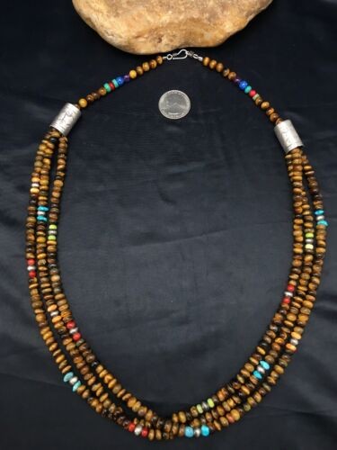 Navajo Tiger's Eye & Turquoise 3 Strand Necklace Sterling Silver 26" 4174