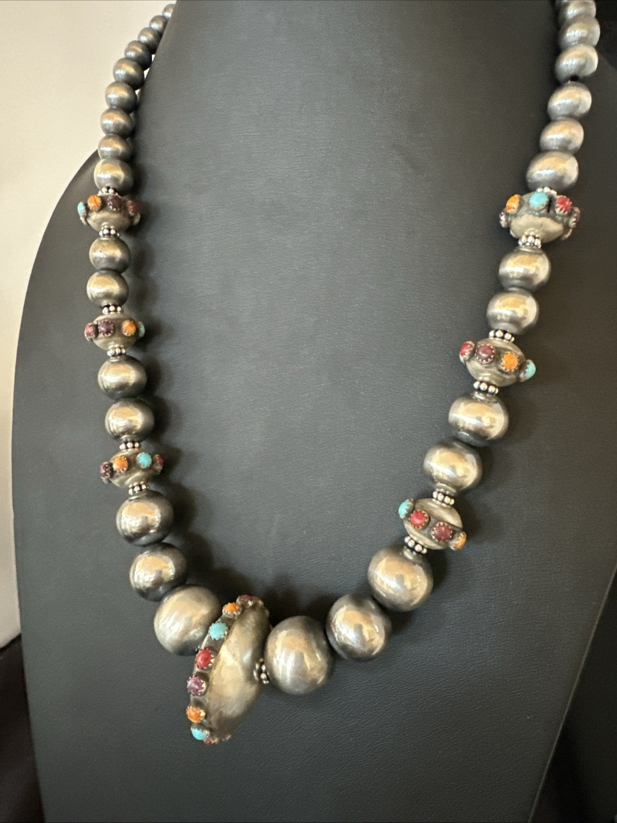 Multicolor Spiny Navajo Pearls Turquoise Sterling Silver Necklace 23” 19448