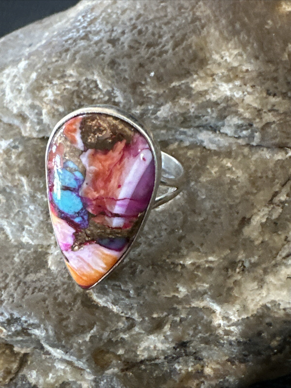 Blue Turquoise Spiny Oyster Southwestern Sterling Silver Ring Size 7 18433