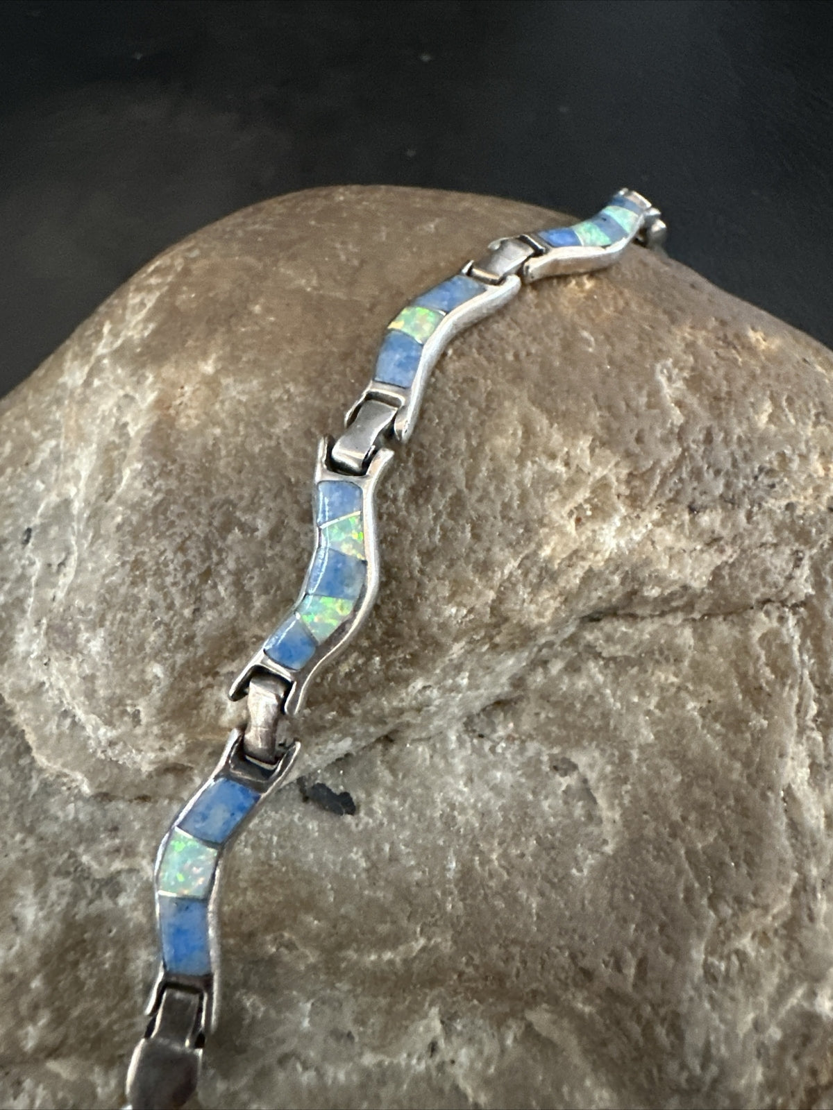 Native Womens Blue Opal Lapis Inlay Link Bracelet 7" Sterling Silver 17726
