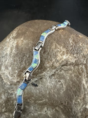 Women's Blue Opal Lapis Inlay Link Bracelet 7" | Sterling Silver | Authentic Native American Handmade | 17726