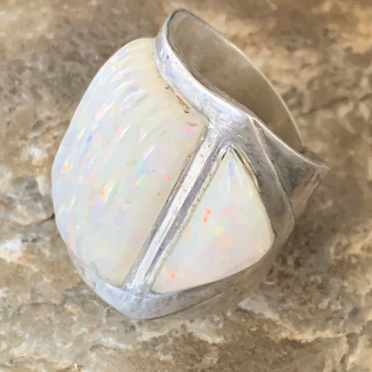 White Opal Native American Navajo Sterling Silver Inlay Ring Size 8 18922