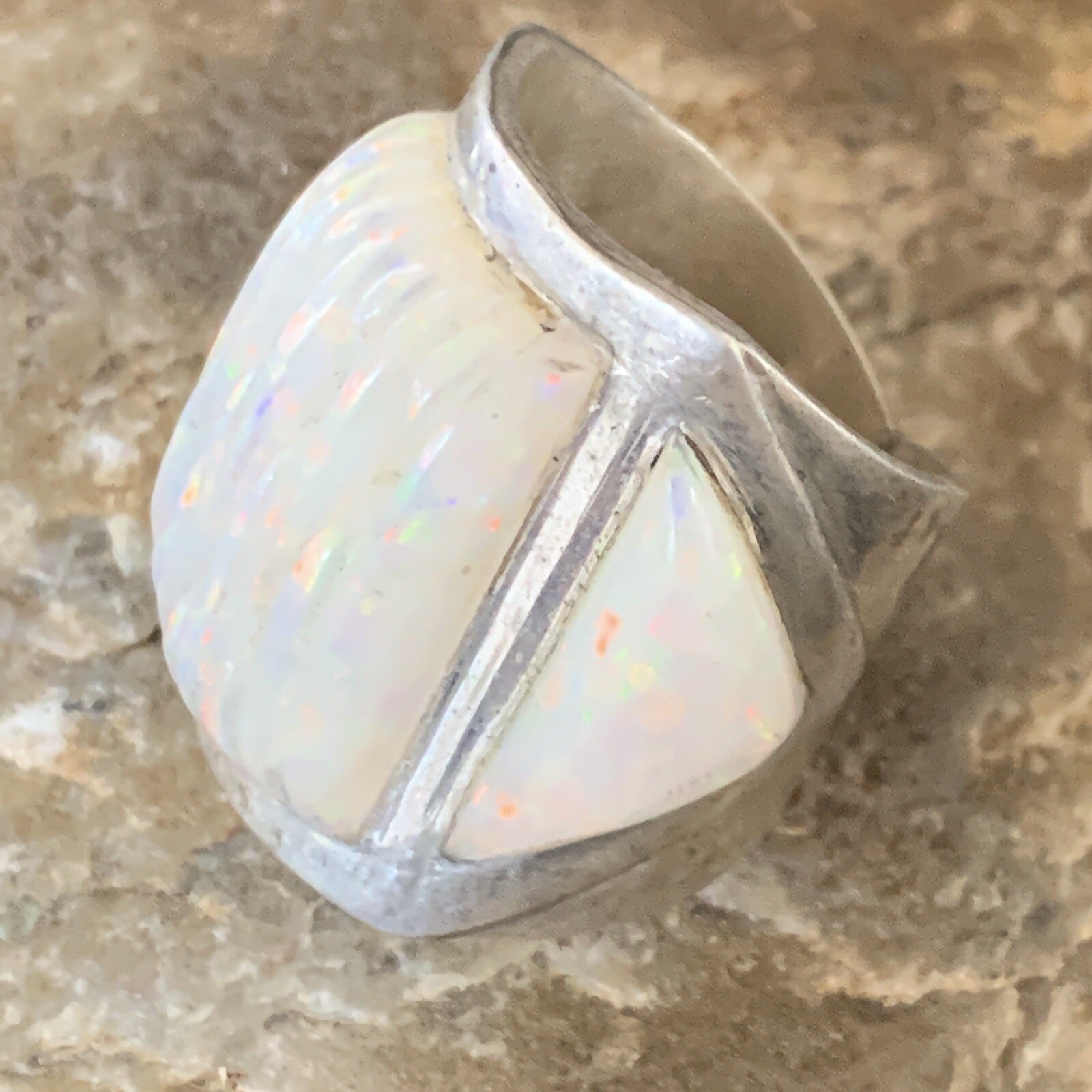 White Opal Native American Navajo Sterling Silver Inlay Ring Size 8 18922
