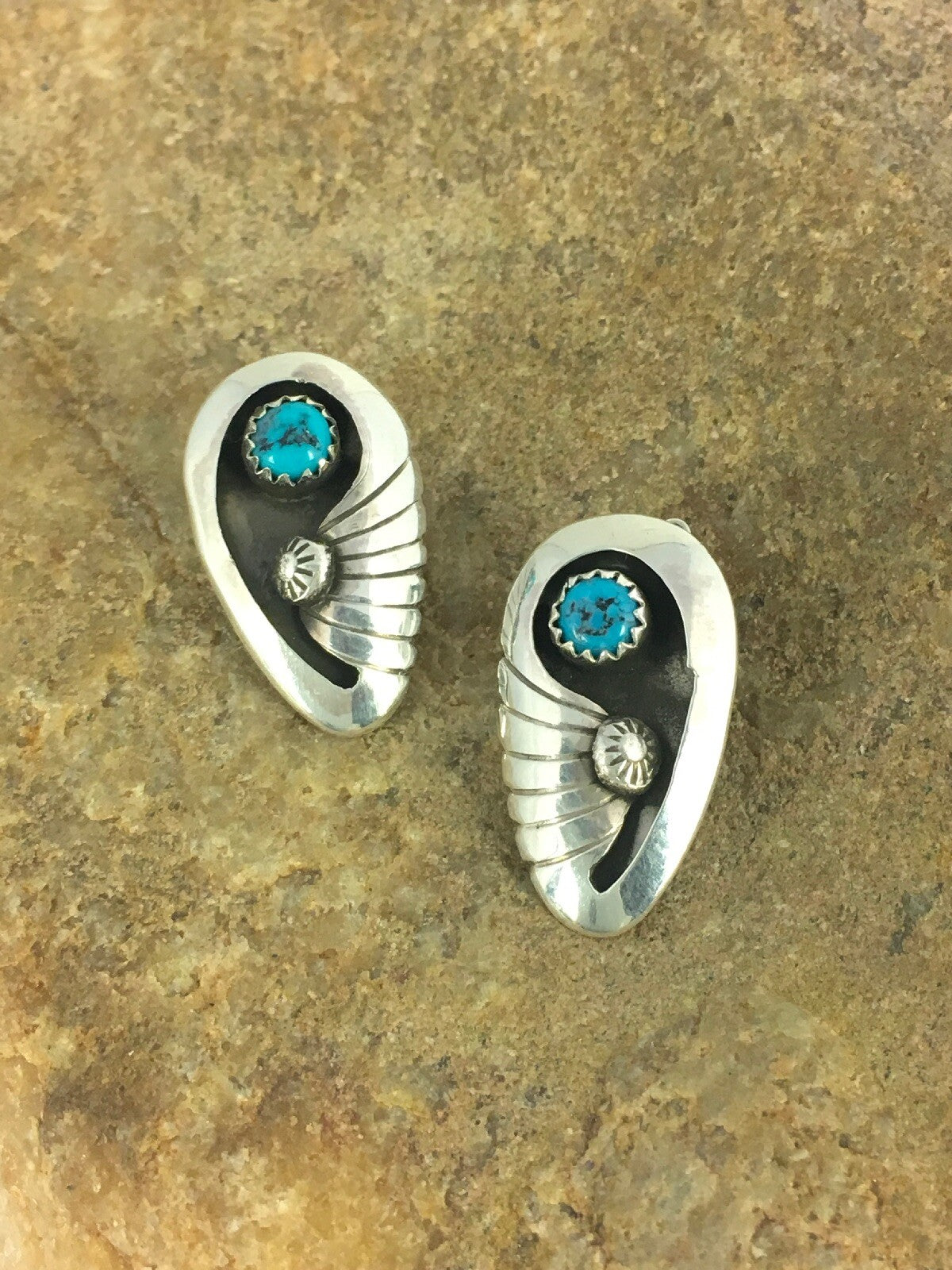 Blue Turquoise Clip-on Navajo Sterling Silver Old Pawn Earrings Set 08864