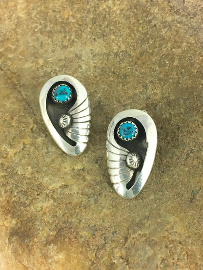 Blue Turquoise Clip-on Navajo Sterling Silver Old Pawn Earrings Set 08864
