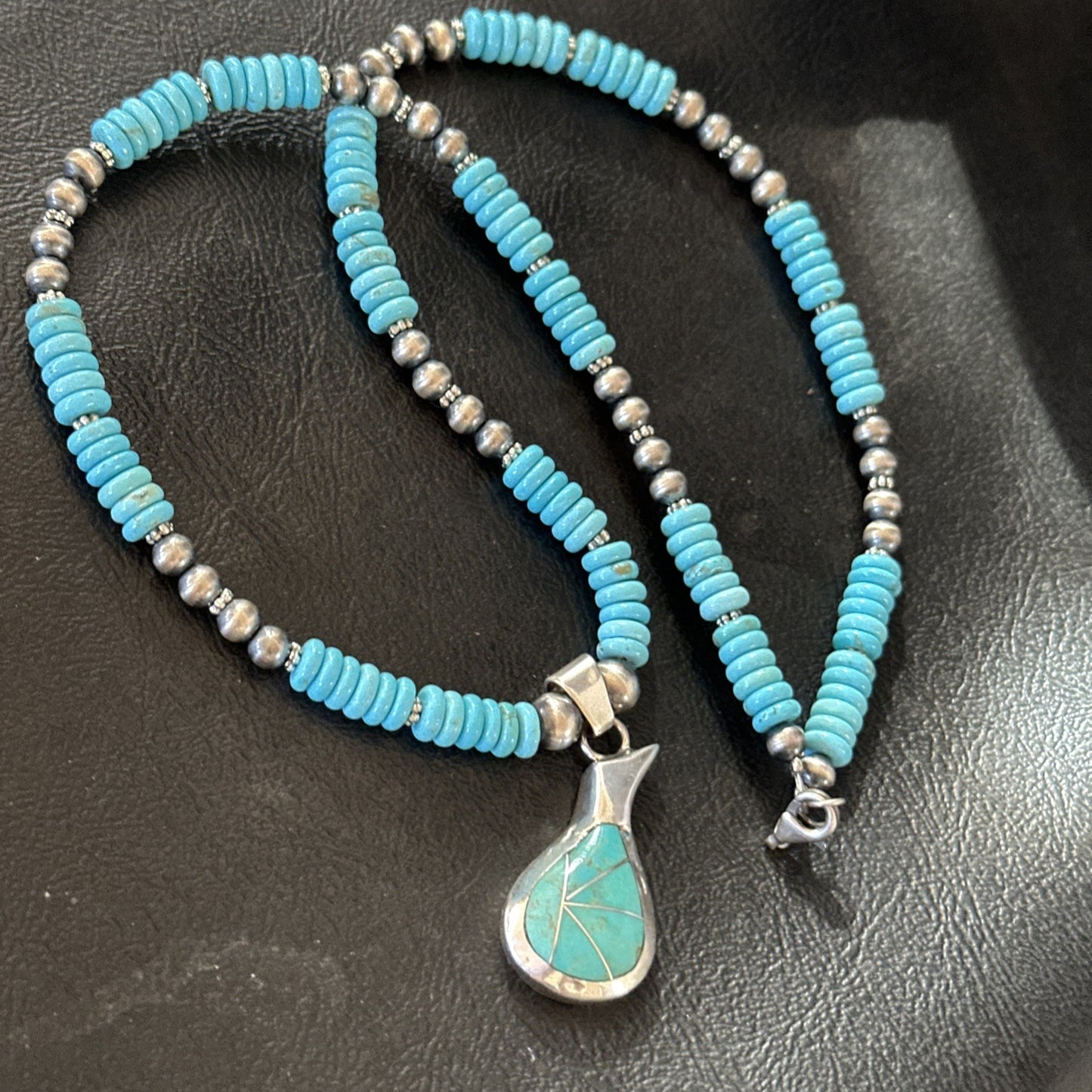 Pottery Blue Turquoise Inlay Pendant Navajo Sterling Silver Necklace 20" 19678