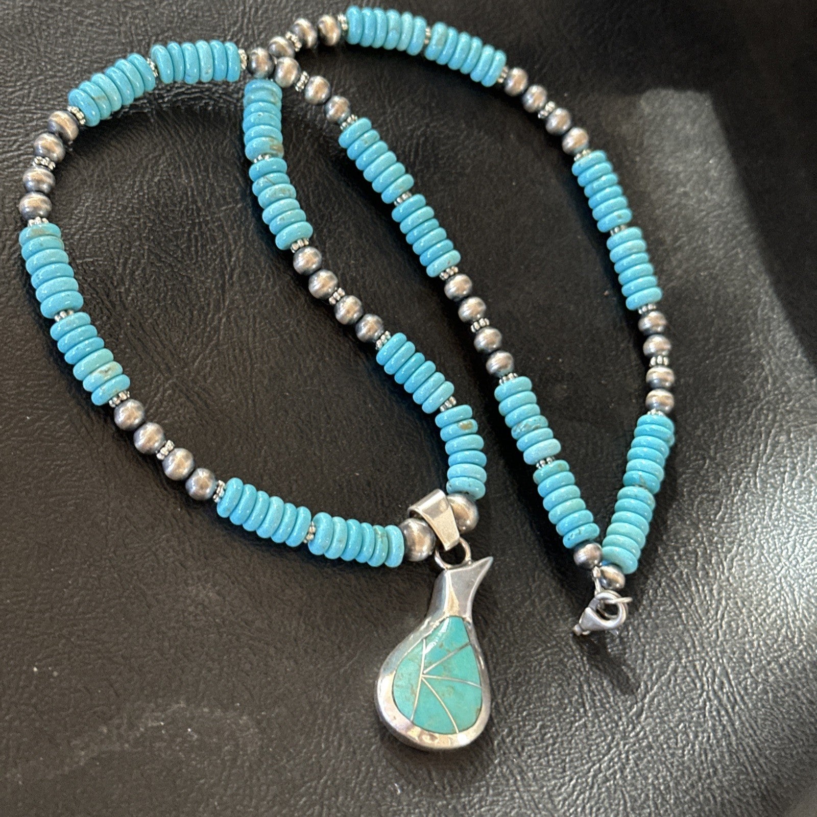 Pottery Blue Turquoise Inlay Pendant Navajo Sterling Silver Necklace 20" 19678