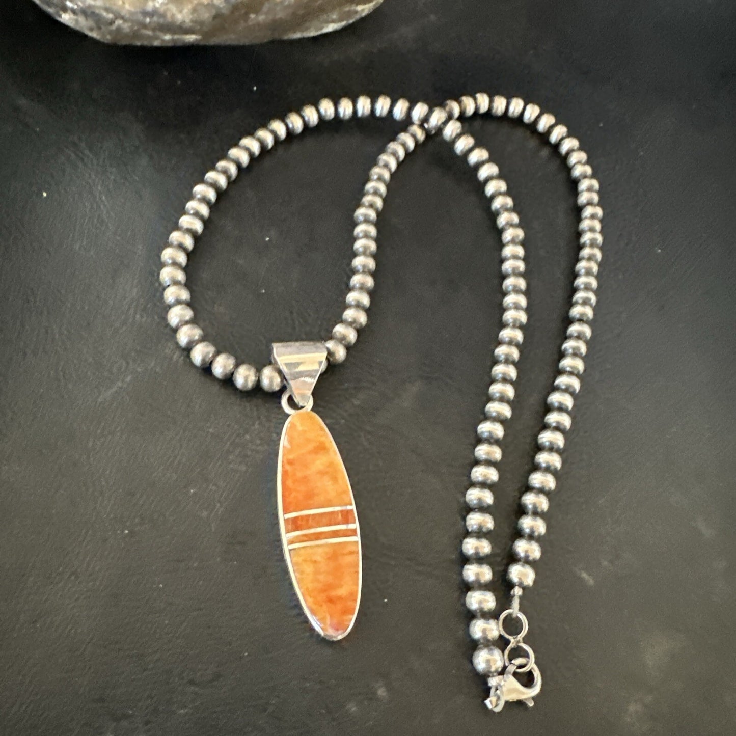 Native Navajo Sterling Silver Orange Spiny Oyster Necklace Inlay Pendant 17811