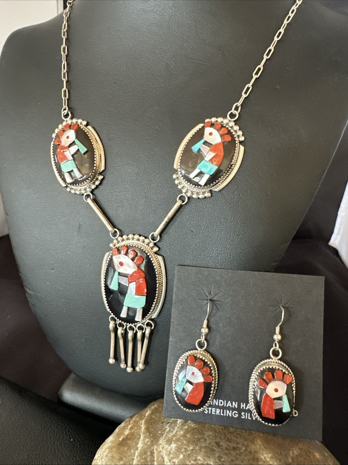 Kokopelli Turquoise Coral Zuni Inlay Sterling Silver Necklace Earrings 19078 Set