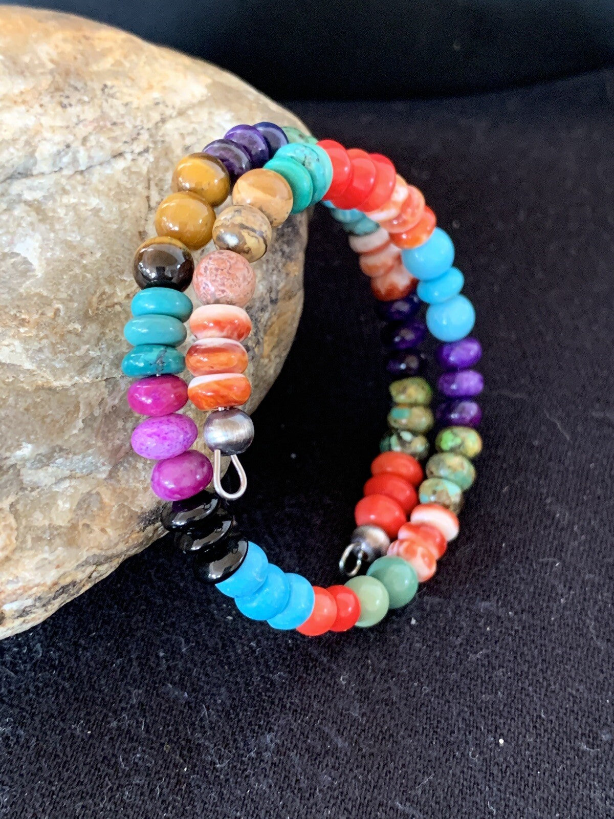 Turquoise, Coral, Tigers Eye, Onyx Navajo Stainless Memory Wire Bracelet 515
