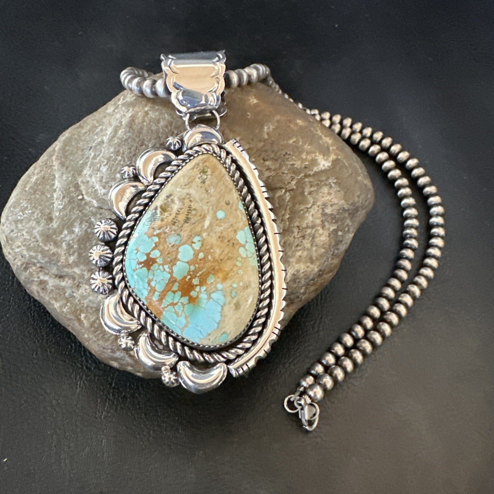 XXL Mens Royston Turquoise Pendant Navajo Pearls Sterling Silver Necklace 18745