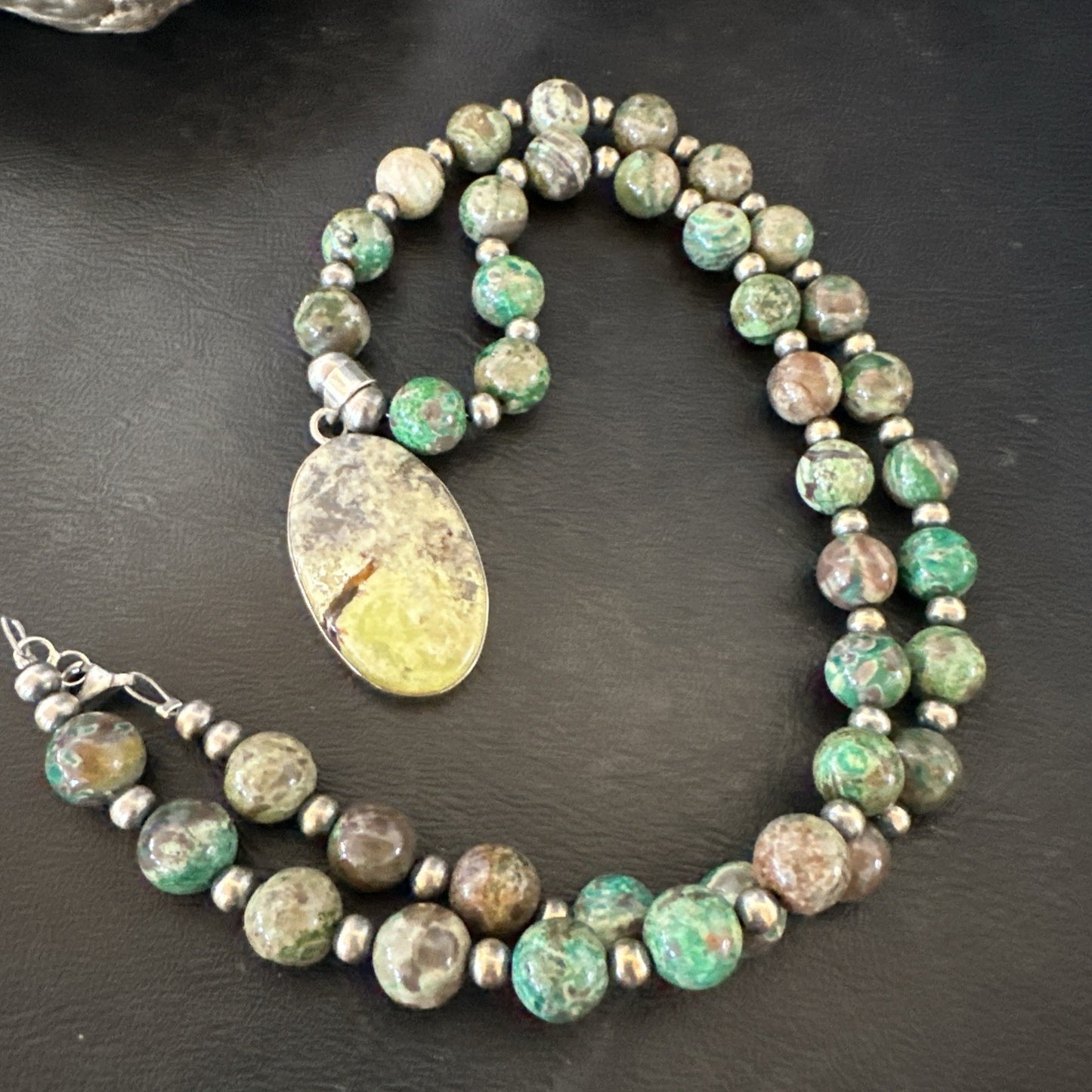 Green Gaspeite Pendant 10mm Turquoise Navajo Sterling Silver Necklace 20" 19679