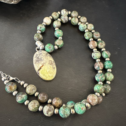 Green Gaspeite Pendant 10mm Turquoise Navajo Sterling Silver Necklace 20" 19679