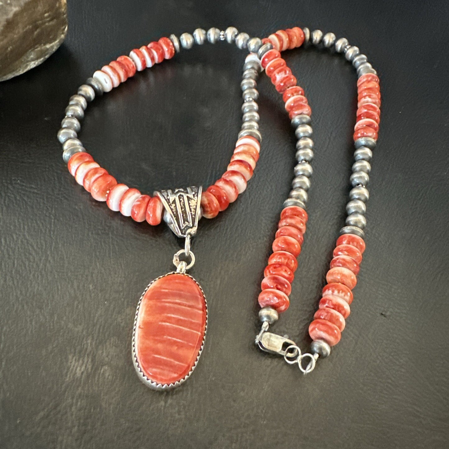 Navajo Pearls Sterling Silver Necklace Red Spiny Oyster Pendant 22" 18265