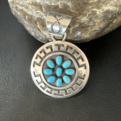Cluster Blue Kingman Turquoise Navajo Sterling Silver Pendant 2" 19287