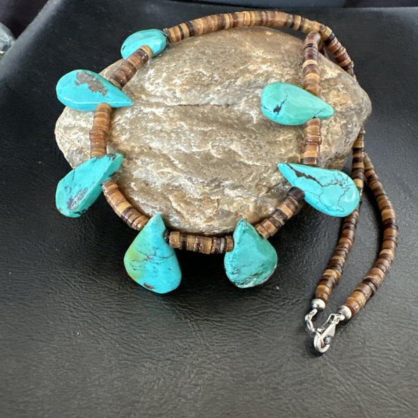Southwestern Blue Turquoise Shell 20"Necklace | Sterling Silver | Authentic Native American Handmade | 19507