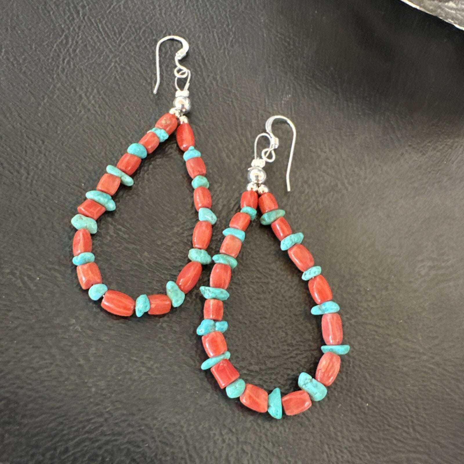 Blue Turquoise Coral Navajo Sterling Silver Earrings 2” 18835