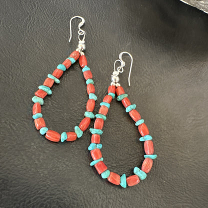 Blue Turquoise Coral Navajo Sterling Silver Earrings 2” 18835