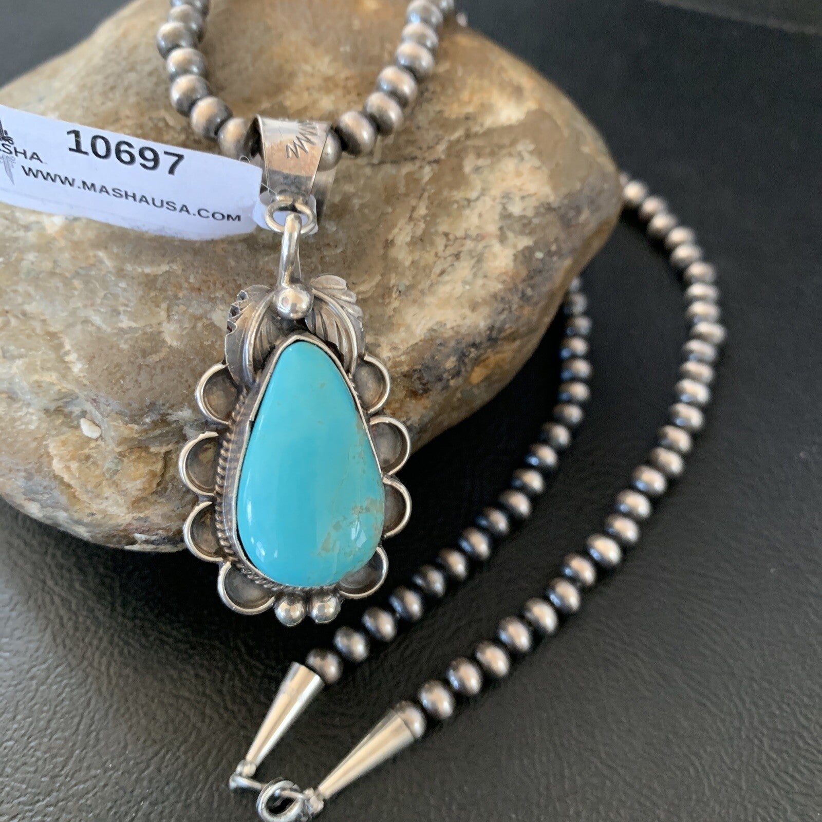 Mens Blue Kingman Turquoise Pendant Navajo Pearls Sterling Necklace 10697N