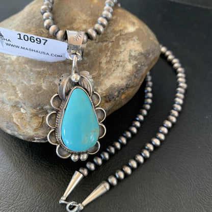 Mens Blue Kingman Turquoise Pendant Navajo Pearls Sterling Necklace 10697N